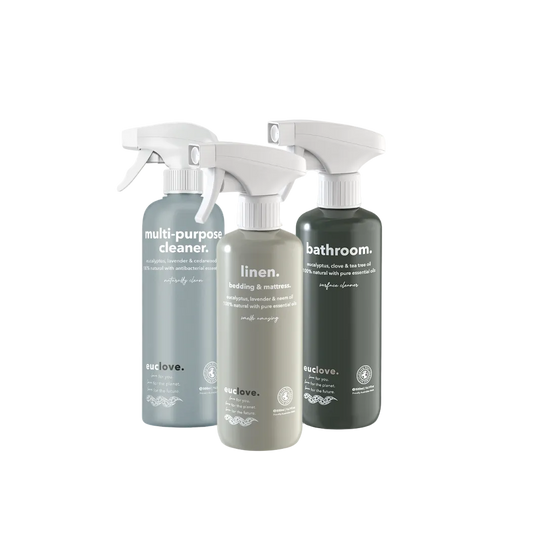 Three eco-friendly cleaning spray bottles labeled 'multi-purpose cleaner', 'linen', and 'bathroom'
