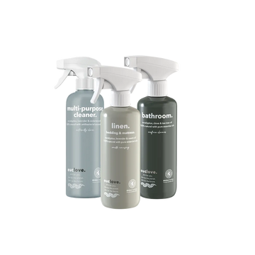 Three eco-friendly cleaning spray bottles labeled 'multi-purpose cleaner', 'linen', and 'bathroom'