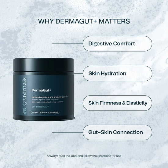 DermaGut+ product container with benefits listed on a textured gray background