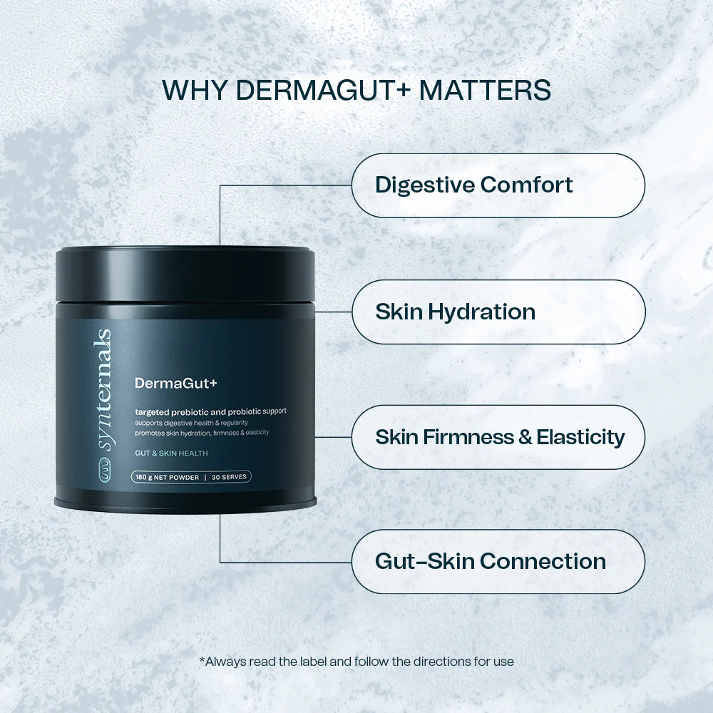 DermaGut+ product container with benefits listed on a textured gray background