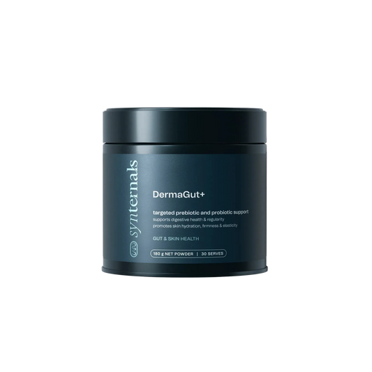 Dark blue container of DermaGut+ 