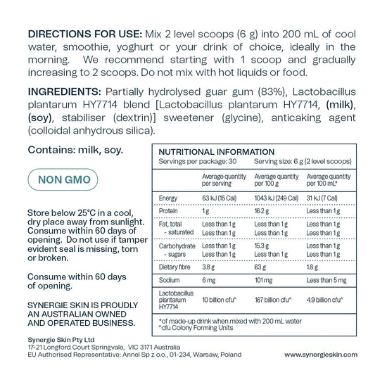 Dermagut Nutritional information and directions for use of a supplement package.