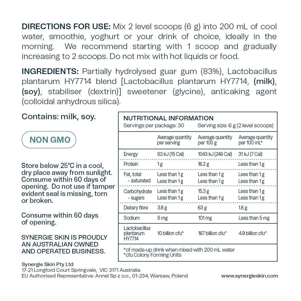 Dermagut Nutritional information and directions for use of a supplement package.