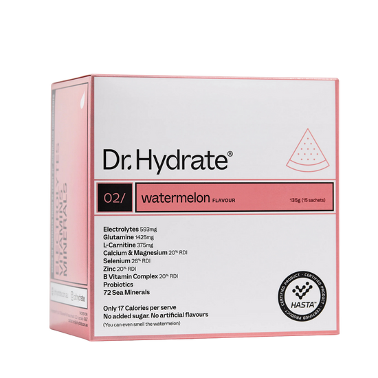 Box of Dr. Hydrate watermelon flavour supplement 15 sachets