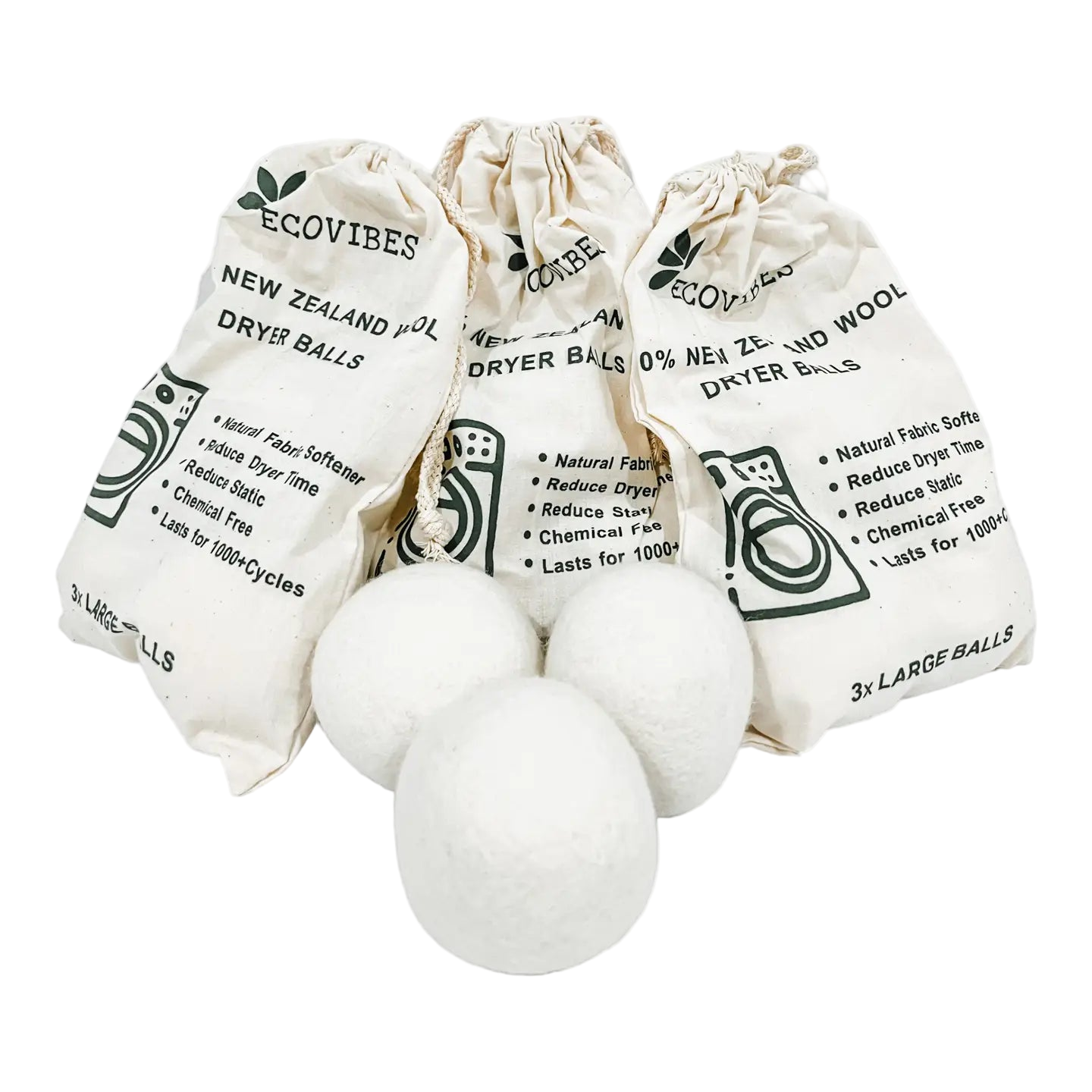 Three bags of EcoVibes dryer balls with three balls