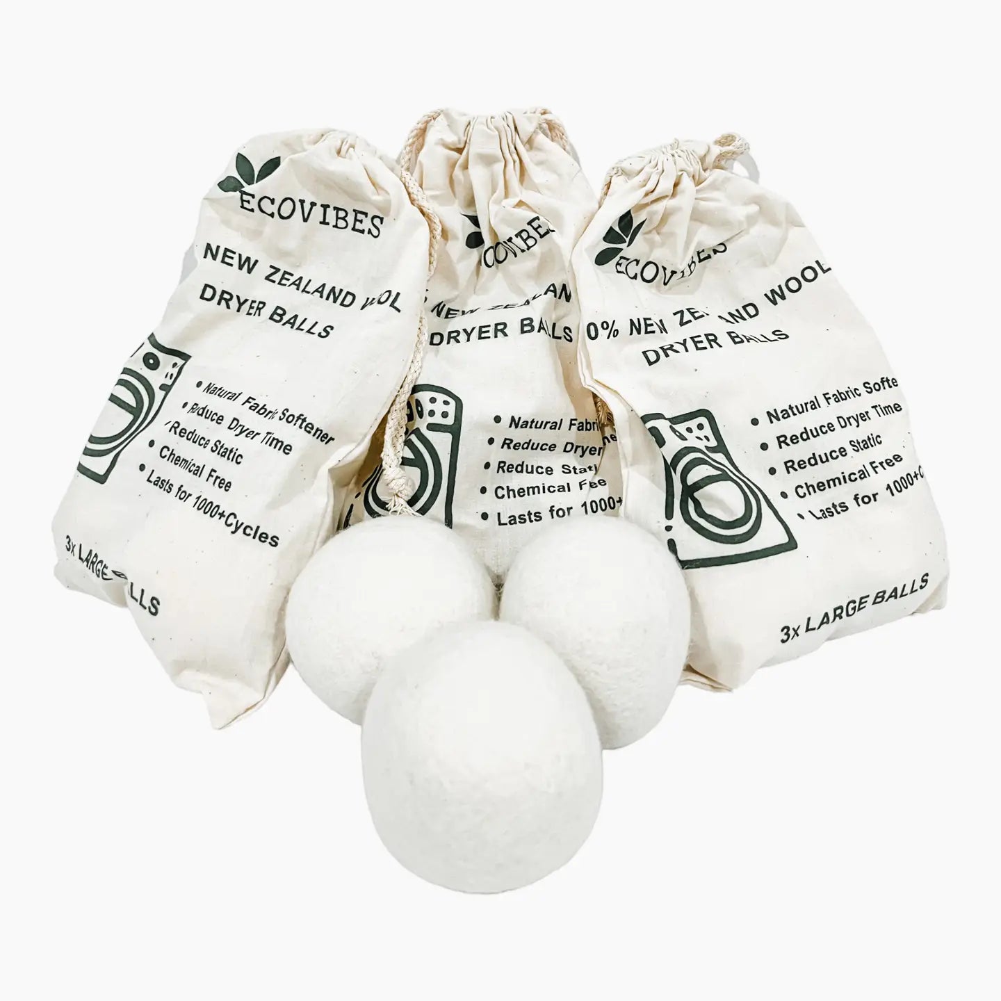 Three bags of EcoVibes dryer balls with three balls
