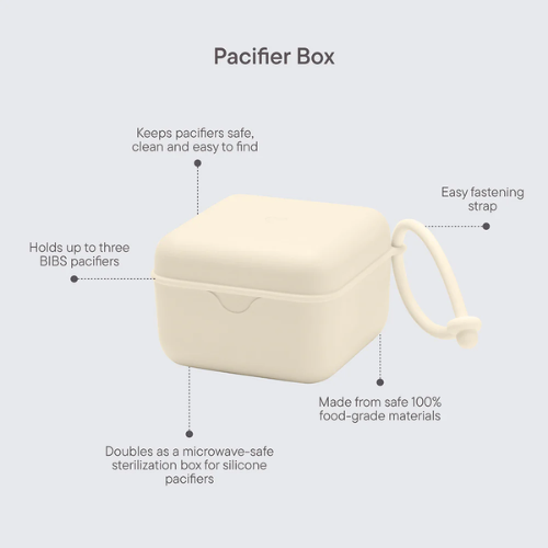 Beige pacifier box with features listed on a light gray background eg pacifr box, keeps pacifiers safe, clean and easy to find, holds up to three Bibs pacifiers, doubles as microwave-safe sterilization box for silicone pacifiers, made from safe 100% food-grade materials and easy fastening strap. 
