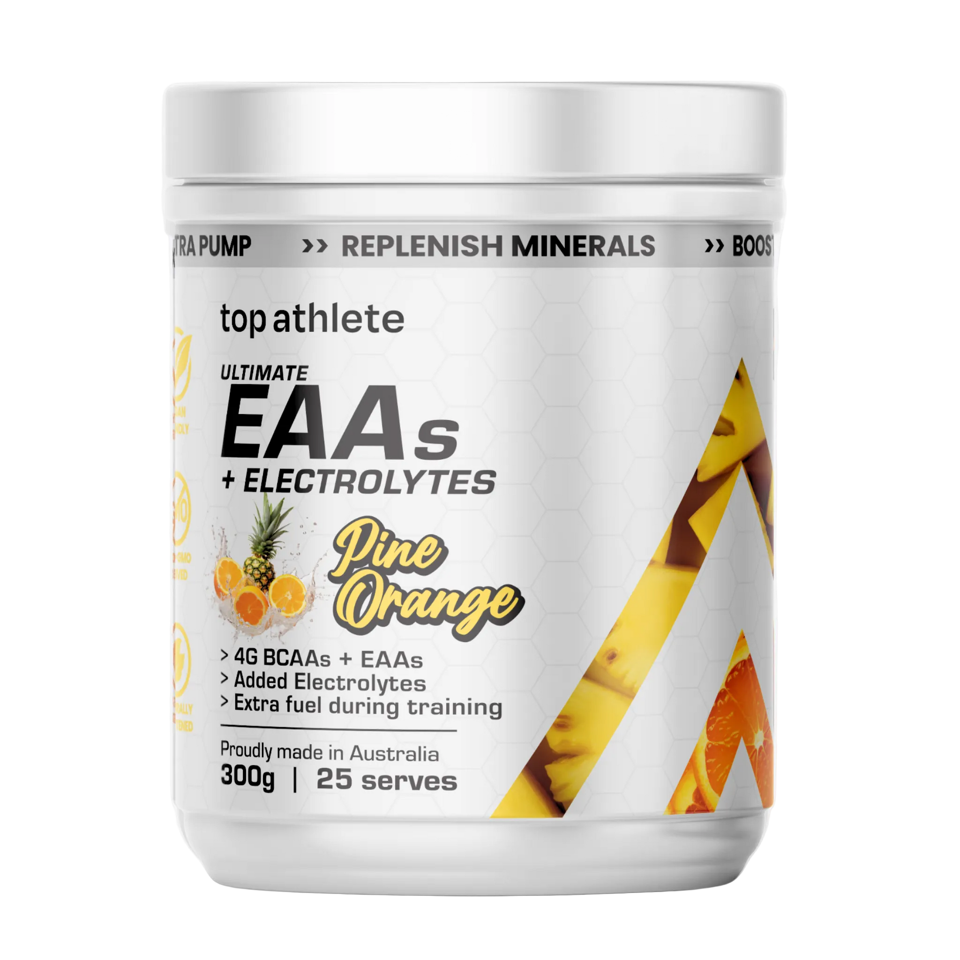 Top Athlete EAA + Electrolytes supplement container with pineapple and orange 300g