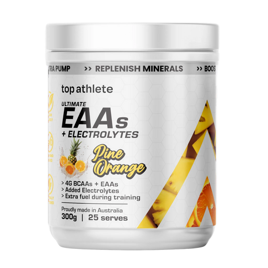 Top Athlete EAA + Electrolytes supplement container with pineapple and orange 300g