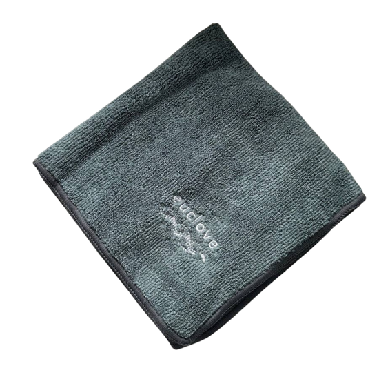 A dark gray microfiber cleaning cloth with a white embroidered 'euclove' logo.