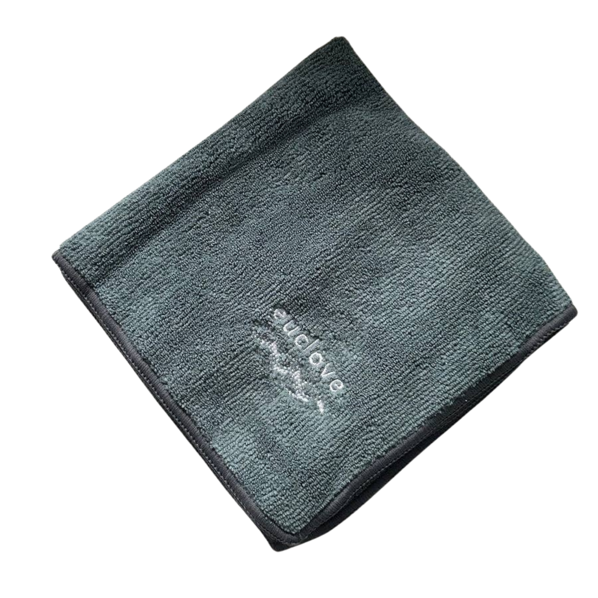 A dark gray microfiber cleaning cloth with a white embroidered 'euclove' logo.