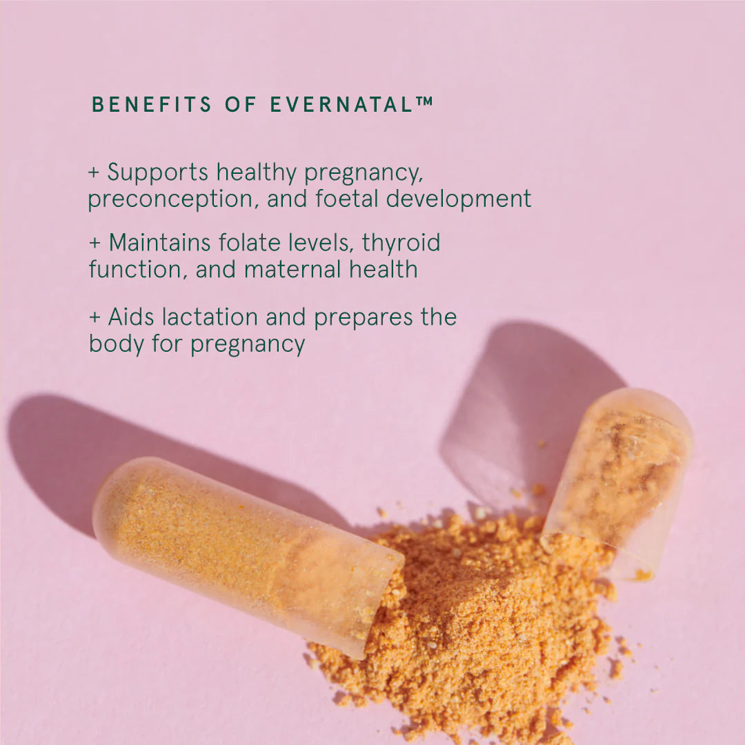 Supplement capsules with powder spilling out on a pink background, featuring text about Evernatal's benefits.