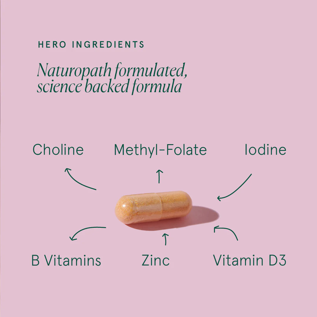 Evernatal vitamins and minerals with text on a pink background 