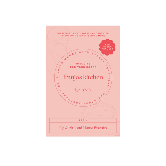 Pink packaging of Franjos Kitchen Fig & Almond biscuits