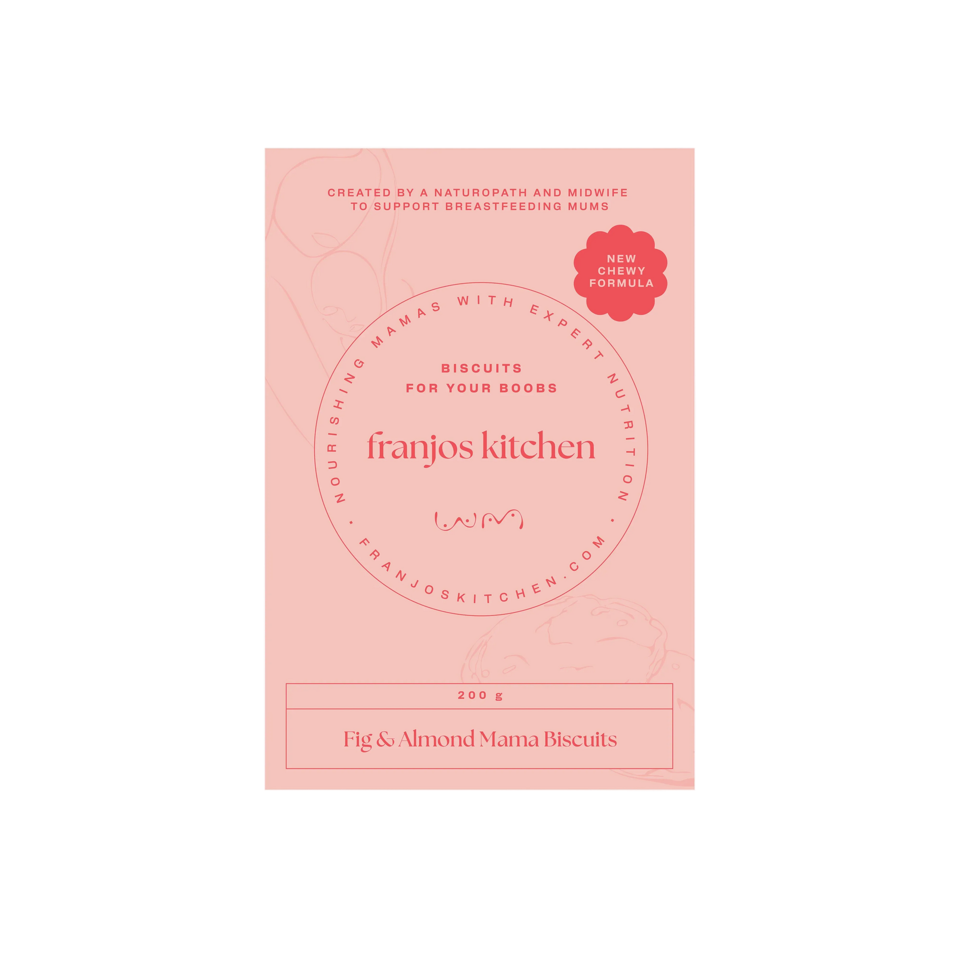 Pink packaging of Franjos Kitchen Fig & Almond biscuits