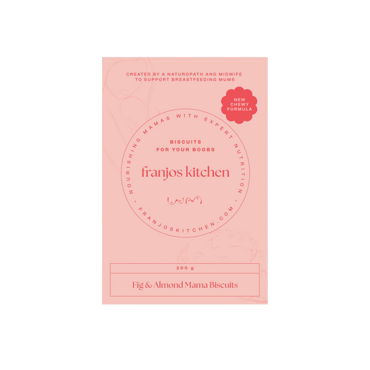 Pink packaging of Franjos Kitchen Fig & Almond biscuits
