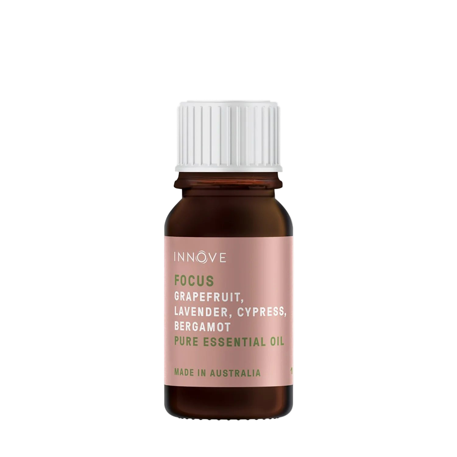 10mls Essential oil bottle named Focus with grapefruit, lavender, cypress and bergamot with a white cap on a Transparent background