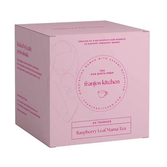 Pink box of Franjos Kitchen Raspberry Leaf Mama Tea on a white background