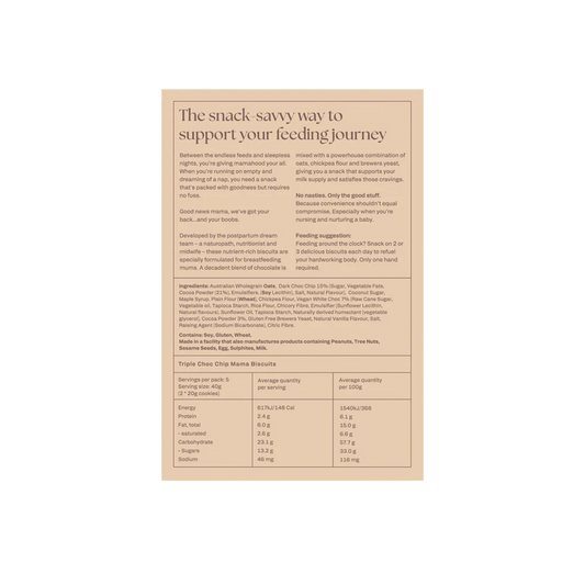 Triple choc mama biscuits.  A rectangular beige nutrition facts label with black text, centered on a plain white background. The label reads 'The snack savvy way to support your feeding journey' and includes ingredients, allergens, and nutritional information for Triple Delecto Chip Biscuit Mochas