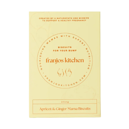 Franjos Kitchen Apricot and Ginger biscuit packaging on a white background