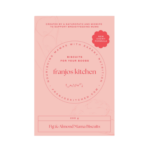 Pink packaging of franjos kitchen biscuits for breastfeeding mamas on a white background