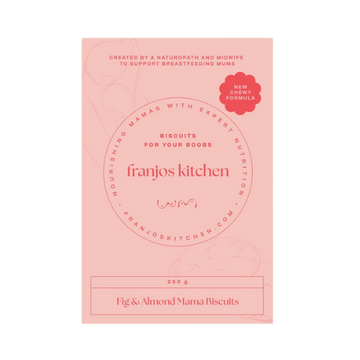 Pink packaging of franjos kitchen biscuits for breastfeeding mamas on a white background