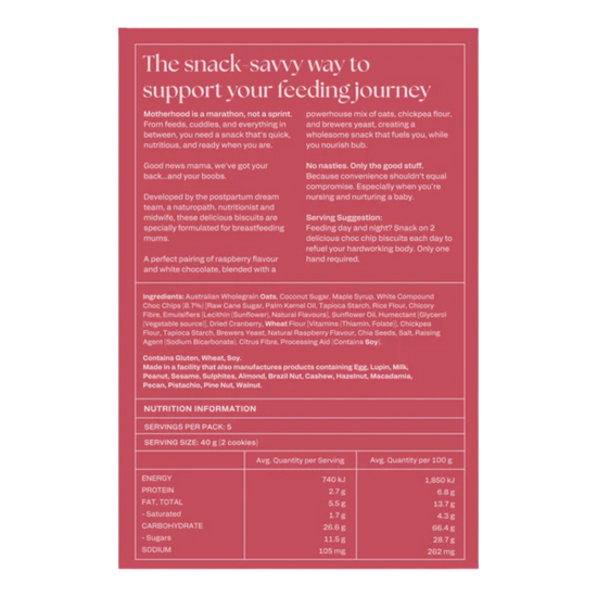 franjos raspberry white choc lactation A pink and white nutrition information label for Motherhood Snacks, detailing serving size, calories, protein, fat, sugar, and other macronutrients per serving.