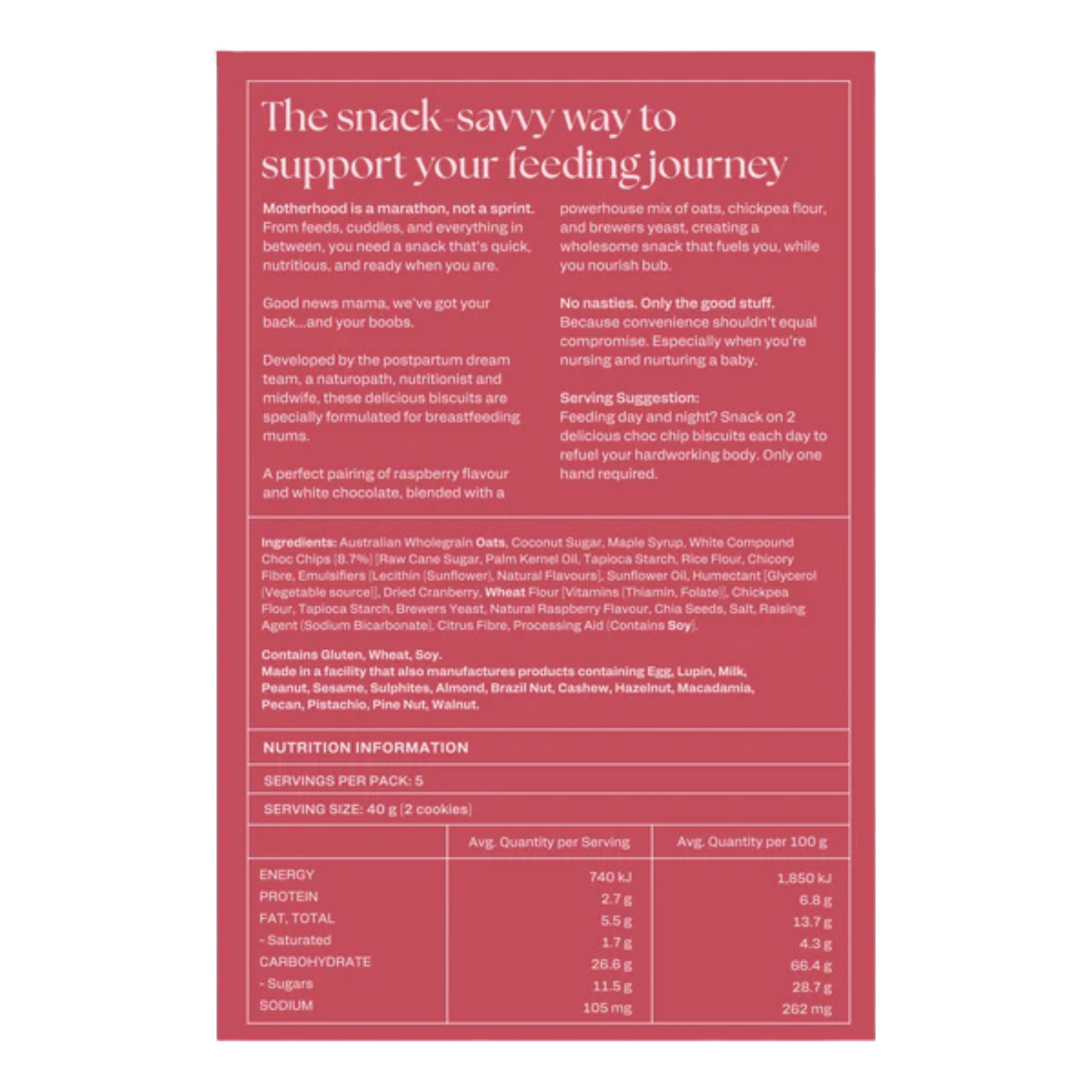 franjos raspberry white choc lactation A pink and white nutrition information label for Motherhood Snacks, detailing serving size, calories, protein, fat, sugar, and other macronutrients per serving.