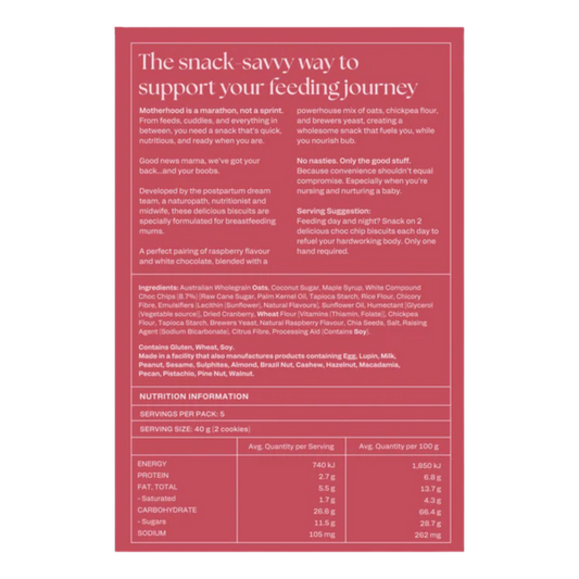 franjos raspberry white choc lactation A pink and white nutrition information label for Motherhood Snacks, detailing serving size, calories, protein, fat, sugar, and other macronutrients per serving.