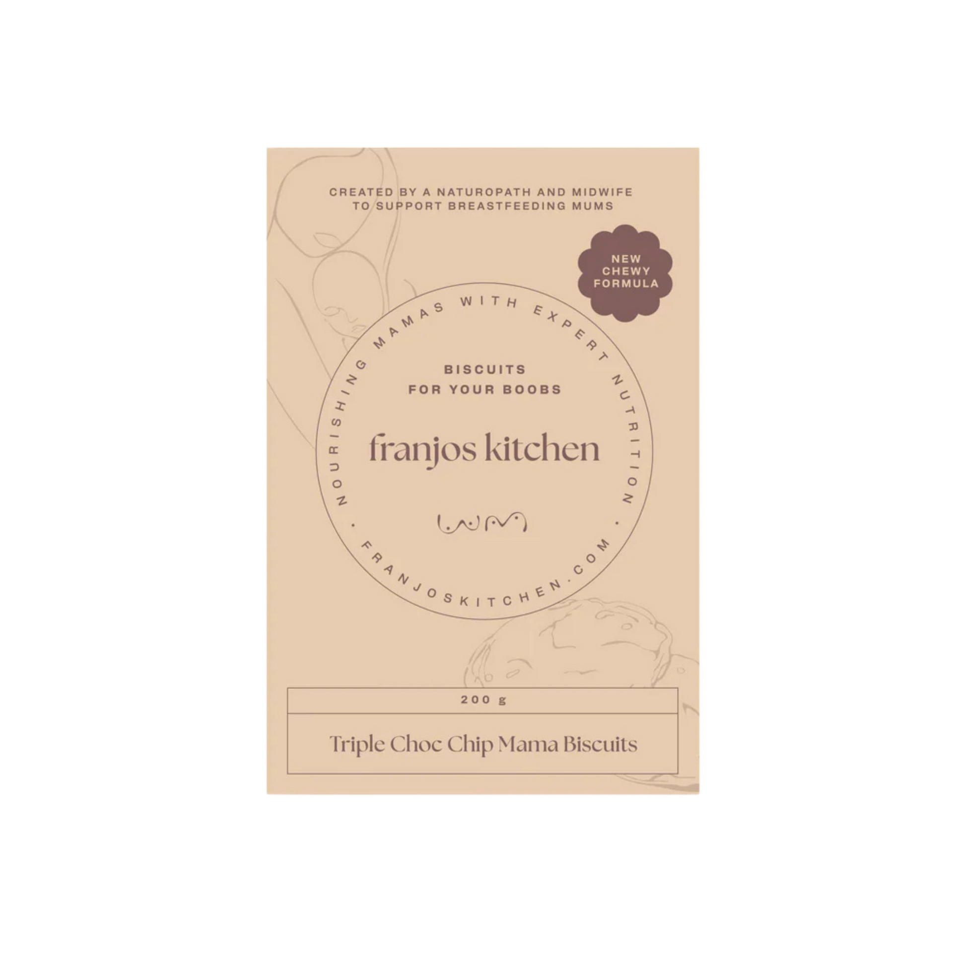 A package of Franjos Kitchen Triple Choc Chip Mama Biscuits. The packaging is a light tan/beige color with elegant black typography and subtle line-art illustrations of a woman holding a teacup and a chocolate chip cookie.