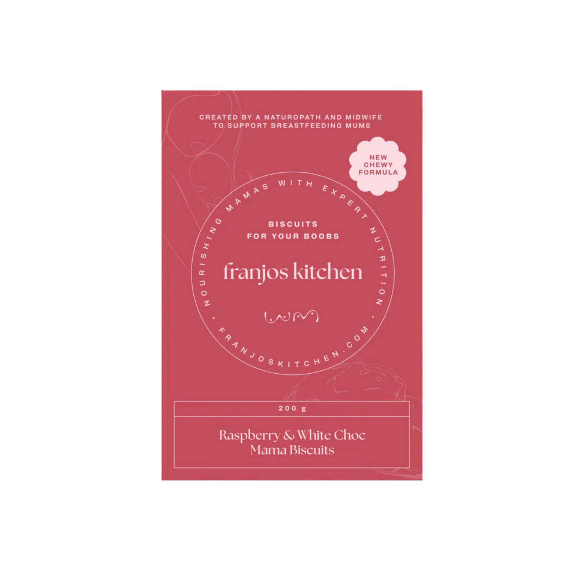 A rectangular pink package for Franjos Kitchen 'Raspberry & White Choc Mama Biscuits' The package features white text and a small white cloud badge indicating a 'New Chewy Formula'.