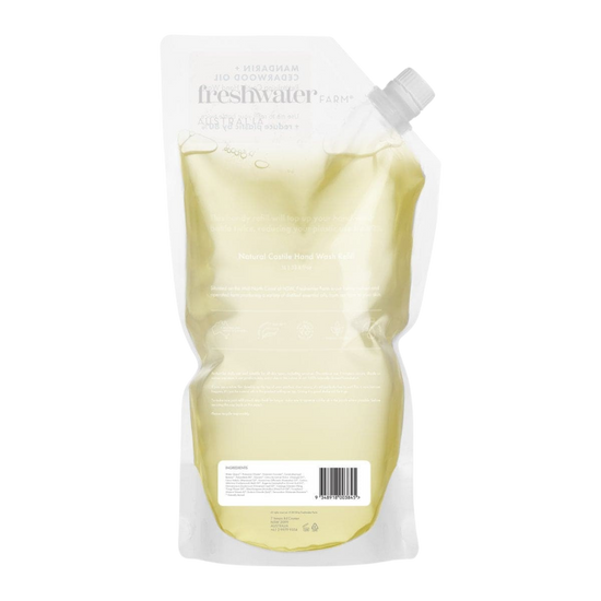 mandarin and cedarwood 1L liquid soap refill pouch with 'freshwater' Back