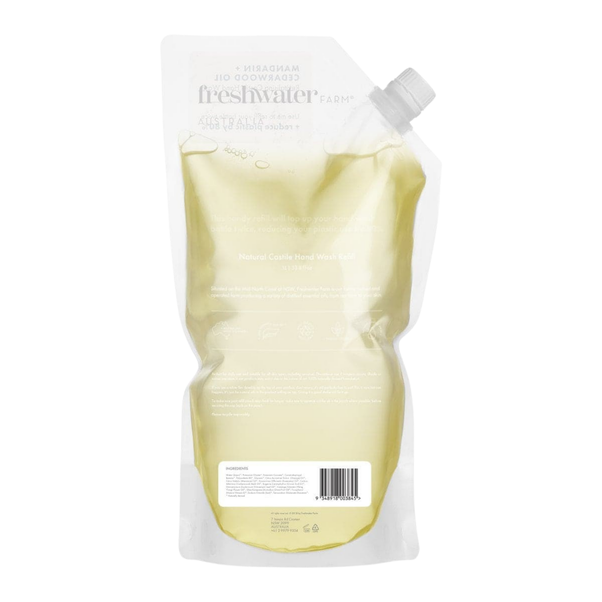 mandarin and cedarwood 1L liquid soap refill pouch with 'freshwater' Back