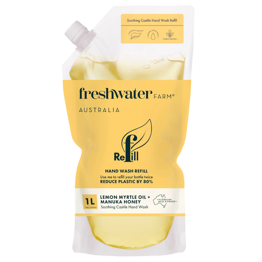 Lemon myrtle oil and manuka honey 1L Hand wash refill packaging from Freshwater Farm Australia 