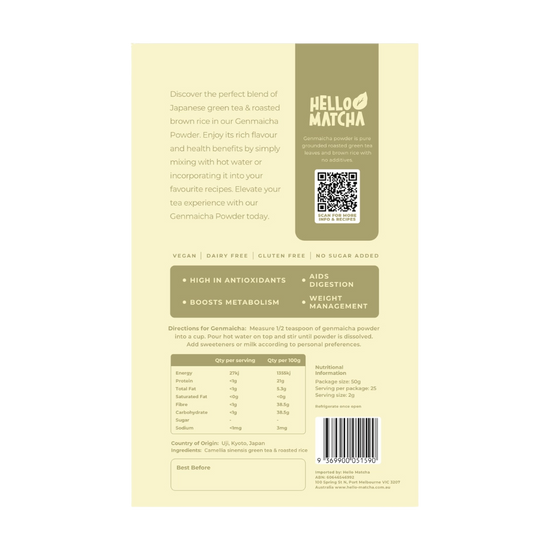 Back of a Hello Matcha genmaicha package with text and QR code on a light yellow background