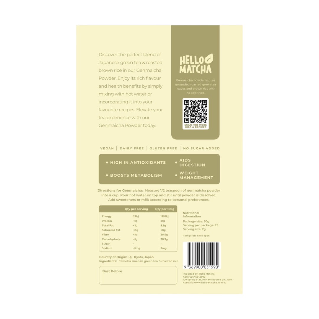 Back of a Hello Matcha genmaicha package with text and QR code on a light yellow background