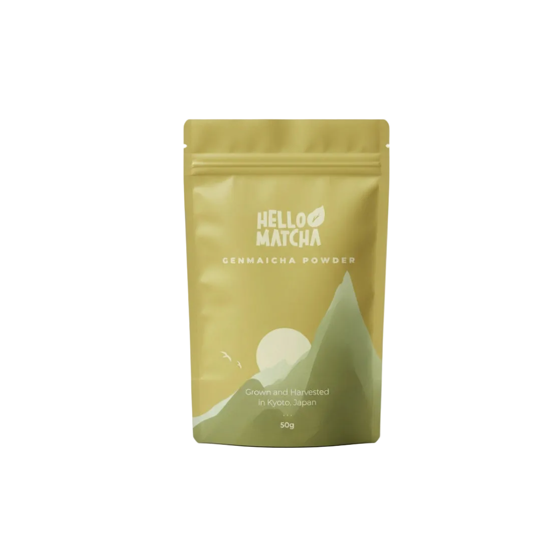Green package of Hello Matcha Genmaicha Powder