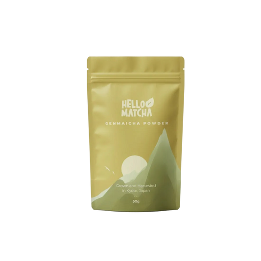 Green package of Hello Matcha Genmaicha Powder