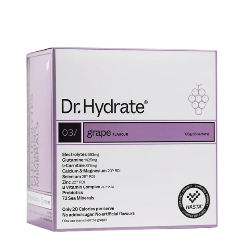 Box of Dr. Hydrate grape-flavored supplement 15 sachets