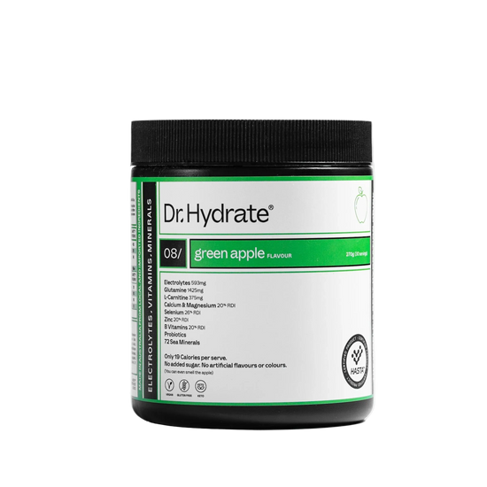 Dr. Hydrate 270g 30 servings black supplement container with green apple flavour 