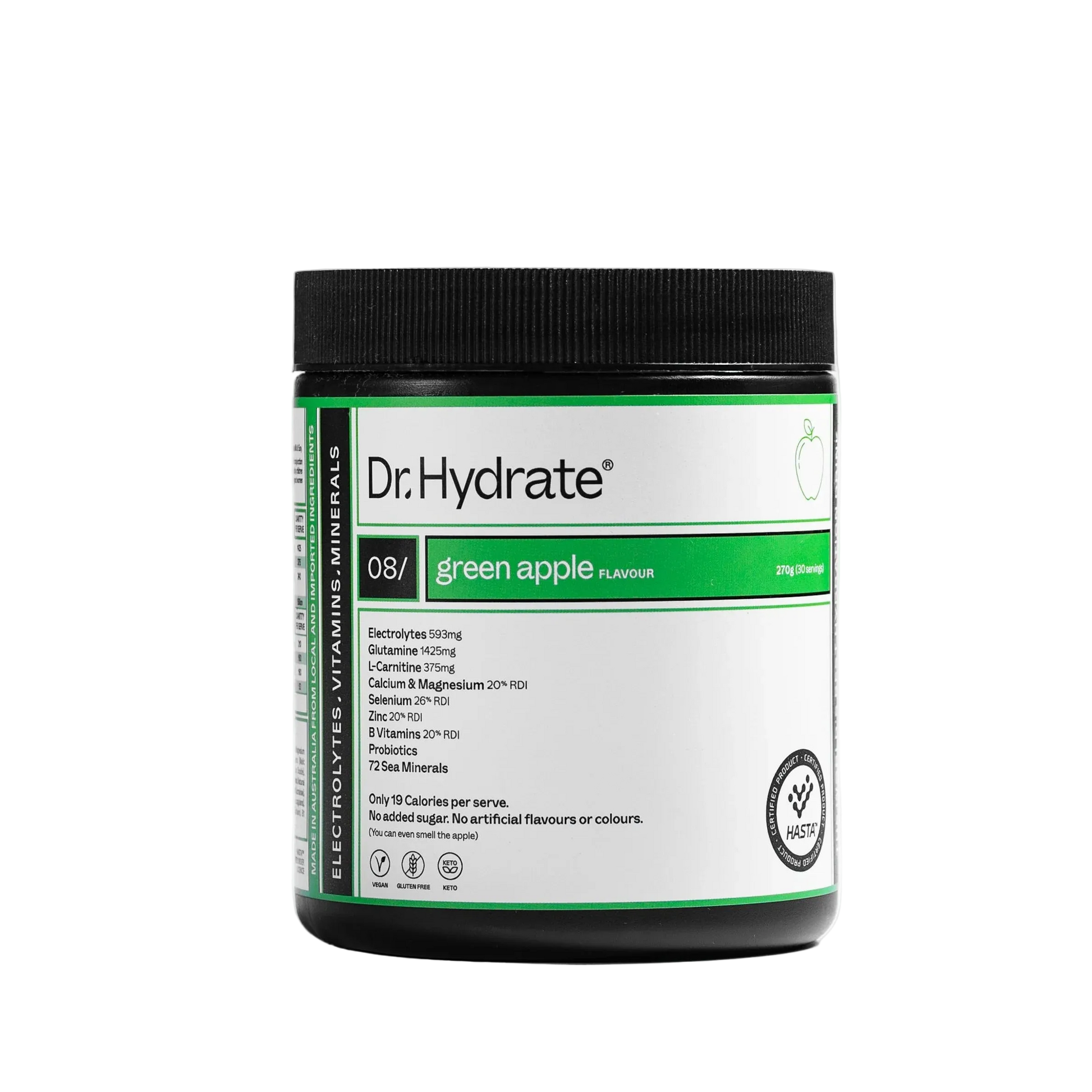 Dr. Hydrate 270g 30 servings black supplement container with green apple flavour 