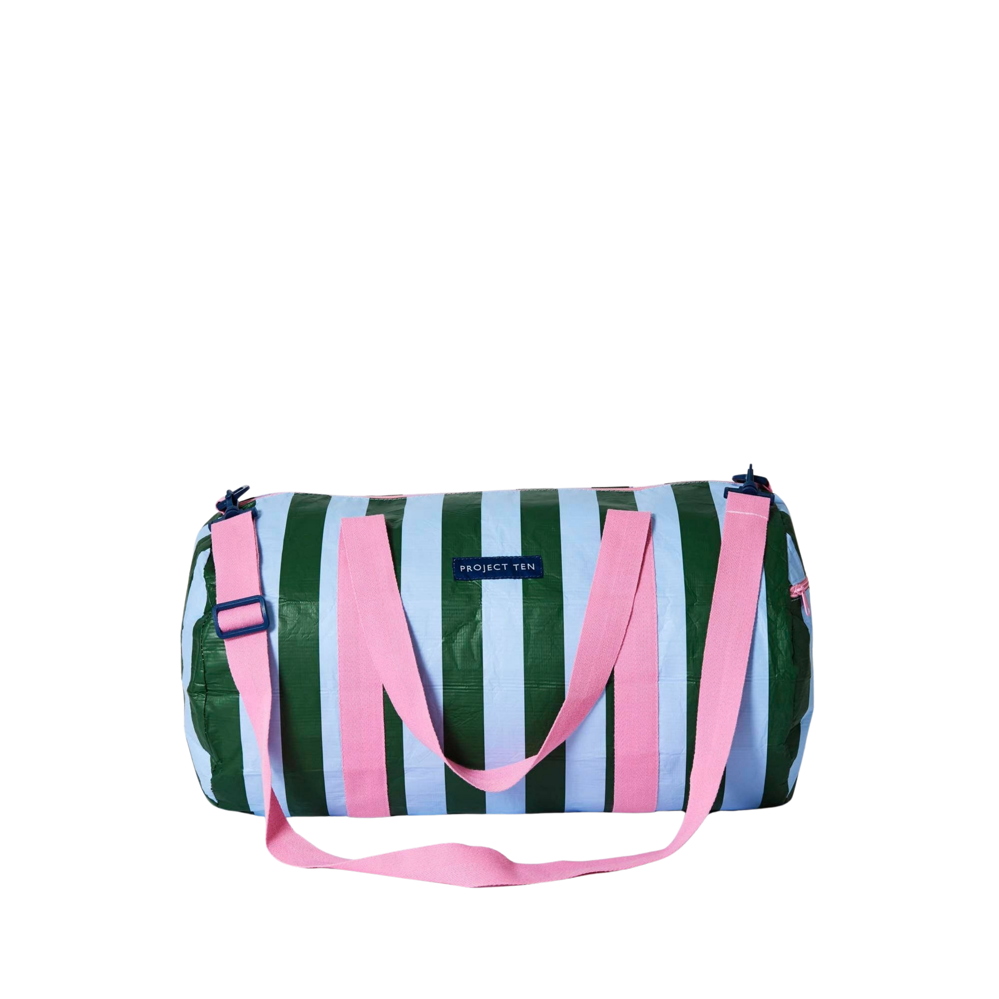 Stripe patterned bag with pink handles