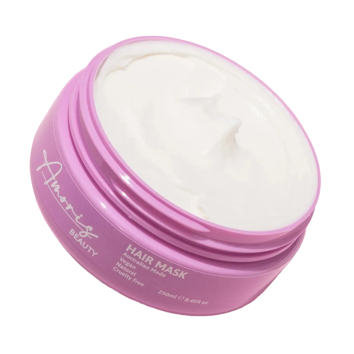 Pink amoris hair mask jar with on a pink background
