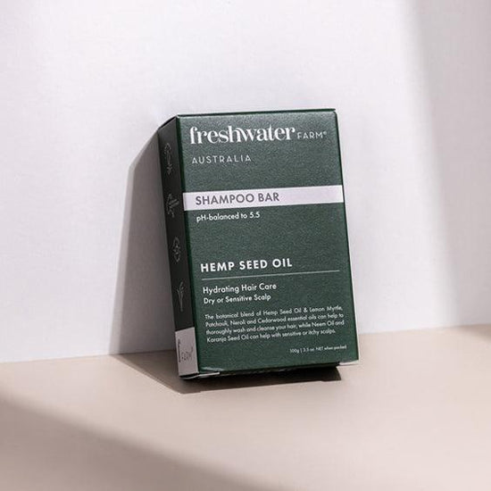 Freshwater Farm shampoo bar packaging on a white background