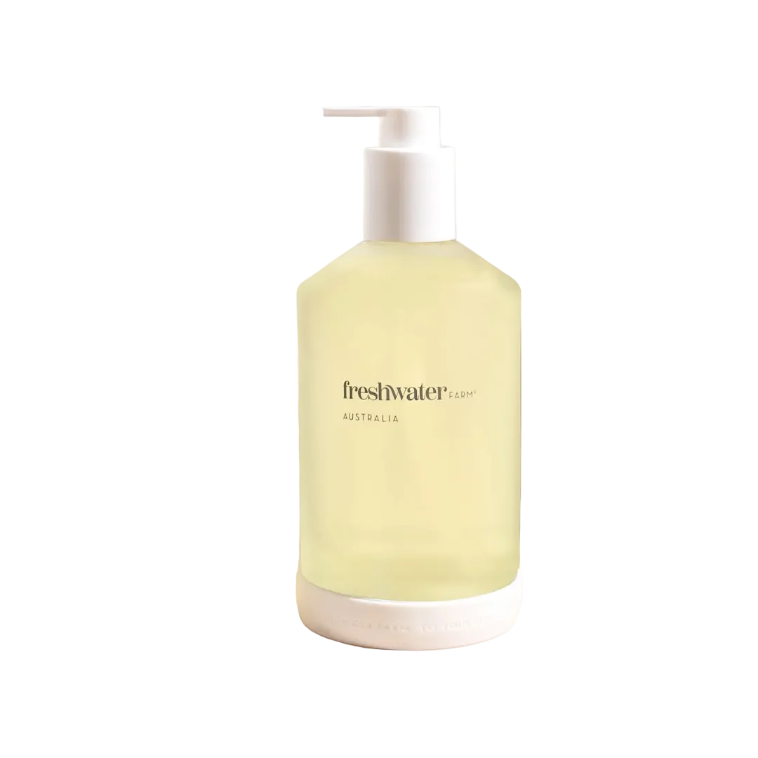 Pale yellow pump bottle with a label on it that says Freshwater Farm Australia