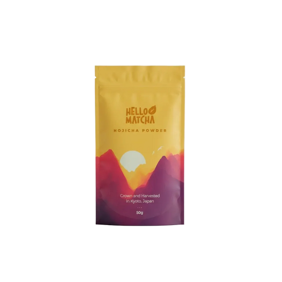 Package of Hello Matcha Hojicha Powder with mountain and sun design