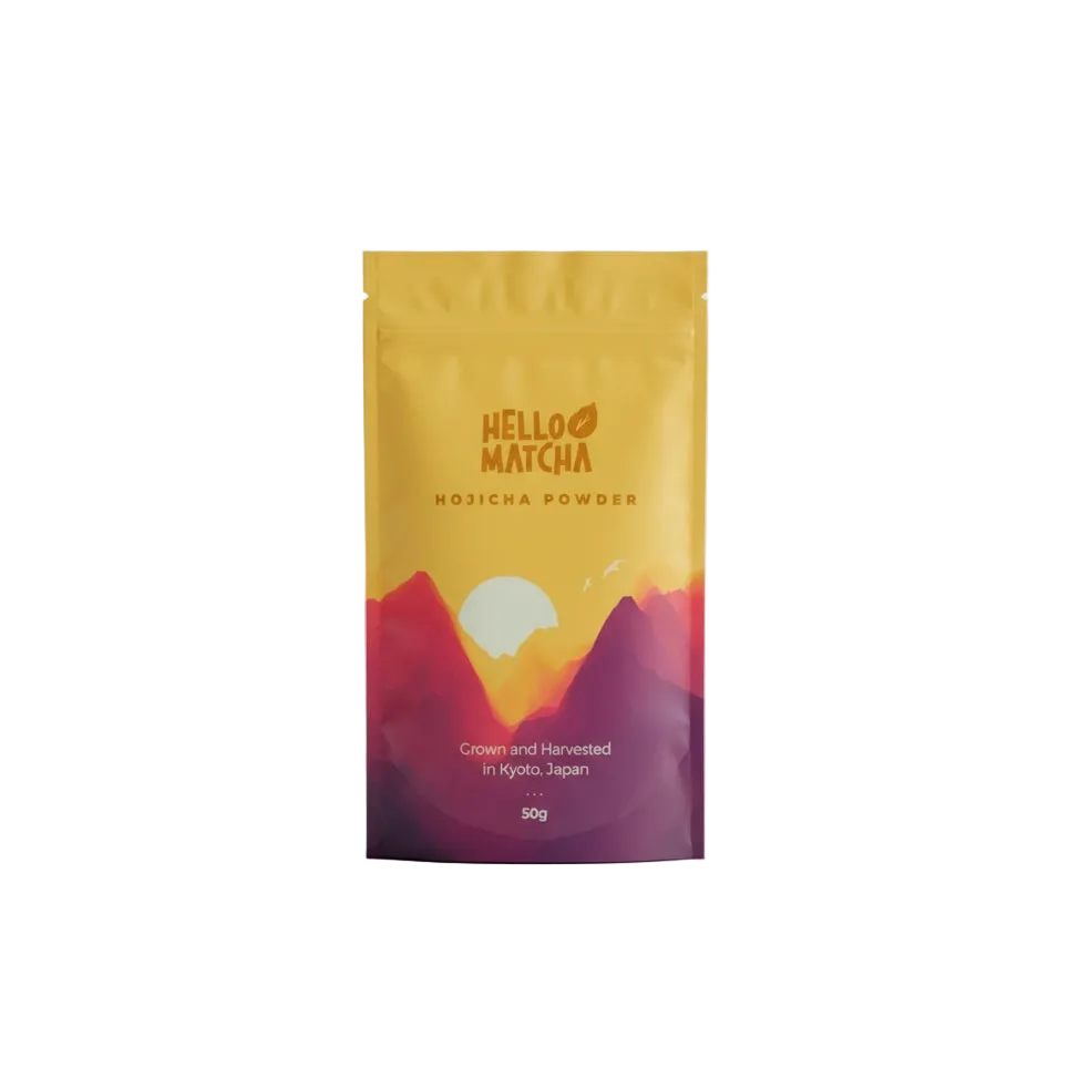 Package of Hello Matcha Hojicha Powder with mountain and sun design