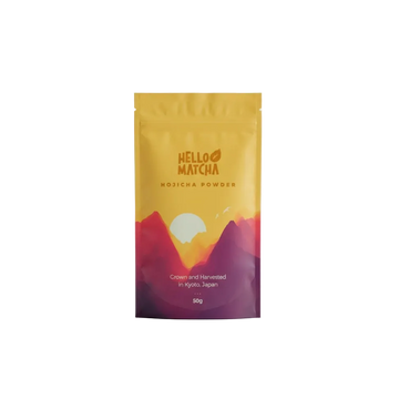 Package of Hello Matcha Hojicha Powder with mountain and sun design