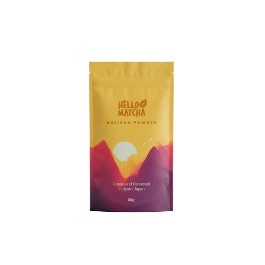 Package of Hello Matcha Hojicha Powder with mountain and sun design