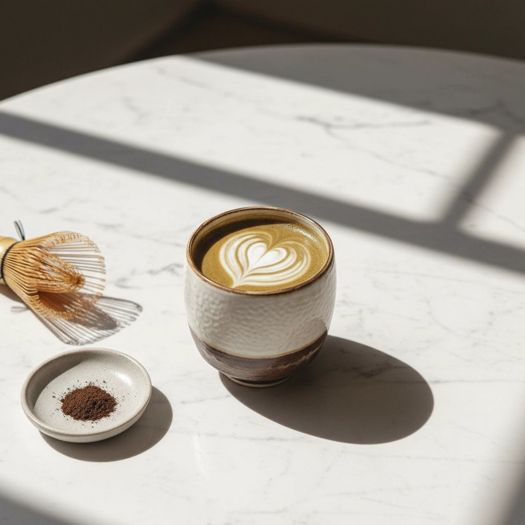 Ceramic cup with latte art on a white surface with a whisk and small dish of hojicha grounds.